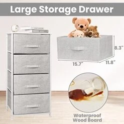 CONNOO 4 Drawer Fabric Dresser Storage Tower, Dresser Chest For Bedroom, Organizer Unit For Closets Bedroom Nursery Room Hallway, Wood Top, Gray White -Amazon Store 51uHI7HfGwL