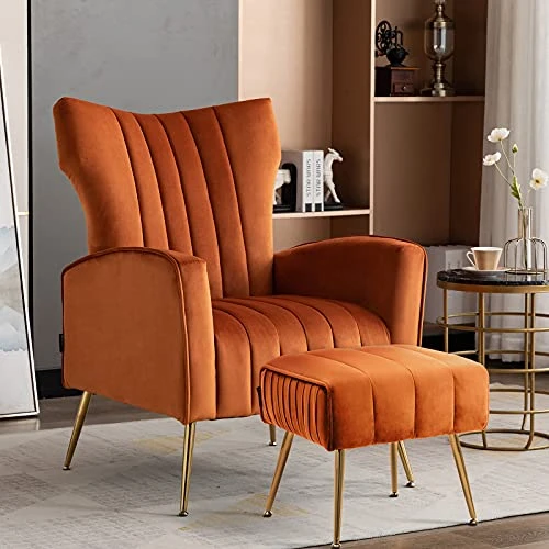 Artechworks Curved Tufted Accent Chair With Metal Gold Legs Velvet Upholstered Arm Club Leisure Modern Chair For Living Room Bedroom Patio, Caramel Color, Orange 7 Artechworks Curved Tufted Accent Chair With Metal Gold Legs Velvet Upholstered Arm Club Leisure Modern Chair For Living Room Bedroom Patio, Caramel Color, Orange - Image 5