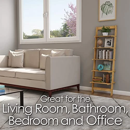 5-Tier Ladder Shelf - Wooden Narrow Leaning Book Shelf For Bedroom, Living Room, Or Kitchen Shelving - Boho Home Decor By Lavish Home (Oak) 3 5-Tier Ladder Shelf - Wooden Narrow Leaning Book Shelf For Bedroom, Living Room, Or Kitchen Shelving - Boho Home Decor By Lavish Home (Oak)