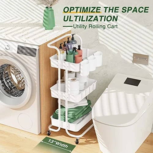 LEHOM 3-Tier Rolling Utility Cart With Hanging Cups & Hooks & Handle, Multifunctional Art Cart Organizer Storage With Wheels, Easy Assembly For Office, Bedroom, Kitchen, Bathroom, Laundry (White) 4 LEHOM 3-Tier Rolling Utility Cart With Hanging Cups & Hooks & Handle, Multifunctional Art Cart Organizer Storage With Wheels, Easy Assembly For Office, Bedroom, Kitchen, Bathroom, Laundry (White) - Image 2