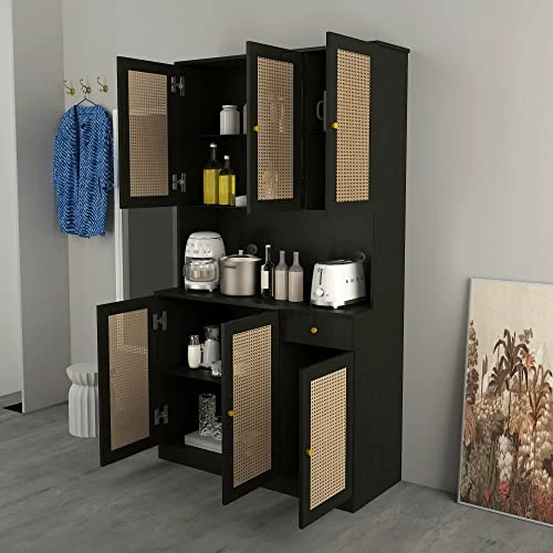 Wirrtory 71” Rattan Freestanding Kitchen Pantry Storage Cabinet, Buffet Cupboards Sideboard Modern Hutch Cabinet with 6 Doors & Drawer For Kitchen Living Room (Black) 8 Wirrtory 71” Rattan Freestanding Kitchen Pantry Storage Cabinet, Buffet Cupboards Sideboard Modern Hutch Cabinet with 6 Doors & Drawer For Kitchen Living Room (Black) - Image 6