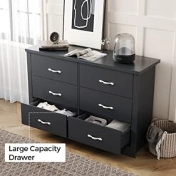 LINSY HOME 6 Drawer Dresser, Black Dresser For Bedroom, Modern Double Dresser Organizer, Black Wood Dresser Chest Of Drawers For Baby,Kids Bedroom