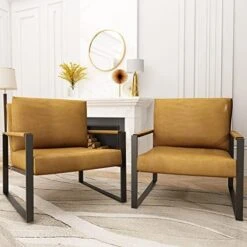 Recaceik Mid-Century Modern Leather Accent Chair, Upholstered PU Leather Chair, Lounge Living Room Chair With Metal Frame, Comfy Reading Armless Chair Home Furniture, Coffee -Amazon Store 51uZDDdpt L. AC