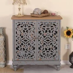 MFSTUDIO Accent Tall Wood Storage Cabinet Buffet Sideboard Hollow-Carved Floral 2 Doors Distressed Decorative For Living Room Kitchen Stand Entryway Hallway, 13.8" Dx31.5 Wx47.4 H, Blue -Amazon Store 51umrpqEBL. AC
