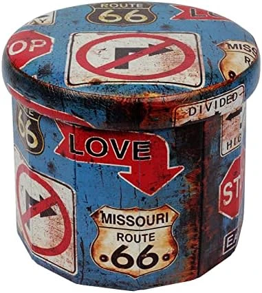 B FSOBEIIALEO Folding Storage Ottoman Round, Faux Leather Foot Rest Seat, Storage Organizer Toy Chest 15" (Route 66 Barrel) 7 B FSOBEIIALEO Folding Storage Ottoman Round, Faux Leather Foot Rest Seat, Storage Organizer Toy Chest 15" (Route 66 Barrel) - Image 5