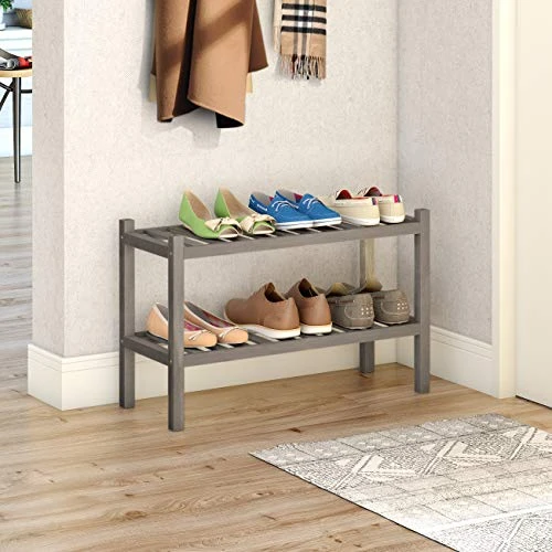 INTERBUILD Acacia Solid Wood Shoe Storage Organizer 2-Tier Stackable Shoe Rack, Dusk Gray 5 INTERBUILD Acacia Solid Wood Shoe Storage Organizer 2-Tier Stackable Shoe Rack, Dusk Gray - Image 3