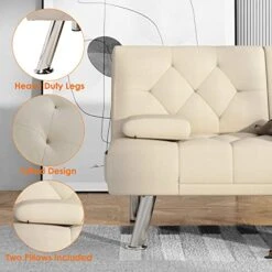ITUSUT Upholstered Futon Sofa Bed, Convertible Folding Sleeper Couch For Apartment, Dorm, 2 Cupholders, Wood Frame And Easy Assembly, Cream Beige 11 ITUSUT Upholstered Futon Sofa Bed, Convertible Folding Sleeper Couch For Apartment, Dorm, 2 Cupholders, Wood Frame And Easy Assembly, Cream Beige -Amazon Store 51v9sqBkbpL