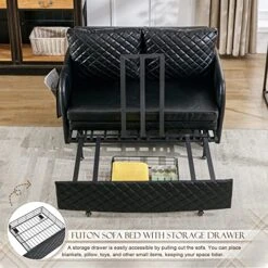 PU Leather Pull Out Futon Sofa Bed, Convertible Small Loveseat Sleeper With Storage Drawer, 3 In 1 Futon Couch With Removable Pocket And 2 Pillows, Modern Love Seat For Living Room, Guest Room, Black -Amazon Store 51vCoCqhkfL