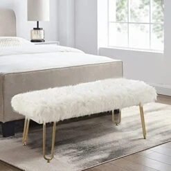 Modern White Faux Fur Ottoman Bench Upholstered Bench For Bedroom/Living Room/Entryway Decorative Accent Bench With Gold Metal Legs