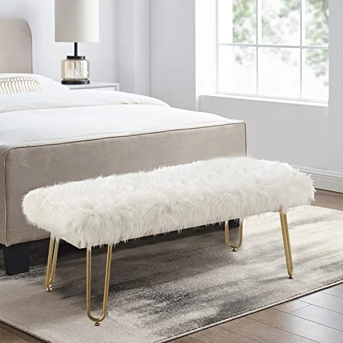 Modern White Faux Fur Ottoman Bench Upholstered Bench For Bedroom/Living Room/Entryway Decorative Accent Bench With Gold Metal Legs 3 Modern White Faux Fur Ottoman Bench Upholstered Bench For Bedroom/Living Room/Entryway Decorative Accent Bench With Gold Metal Legs
