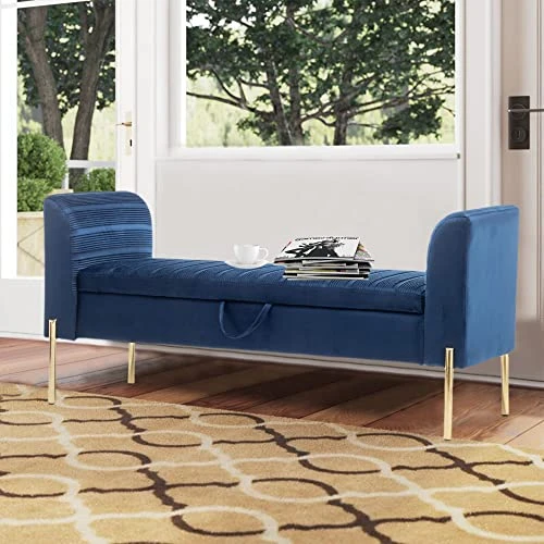 ALISH Storage Bench,Upholstered Storage Ottoman Bench,Modern Bed Bench Entryway Bench With Gold Legs For Bedroom Living Room Blue 5 ALISH Storage Bench,Upholstered Storage Ottoman Bench,Modern Bed Bench Entryway Bench With Gold Legs For Bedroom Living Room Blue - Image 3