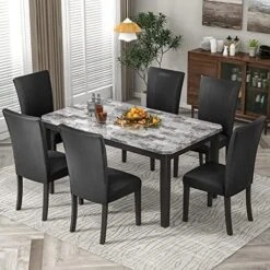 FULife 6-Piece Kitchen Dining, Faux Marble Rectangular Table With 4 Upholstered Seats And 1 Bench For Living Room, Breakfast Nook, Dinette Furniture Sets, Black-5 -Amazon Store 51vM see0fL. AC