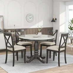 5 Piece Round Dining Table Set, Marble Top Kitchen Table Sets Dinette Set For 4 Include Marble Veneer Round Kitchen Table And 4 Chairs For Small Space (White) -Amazon Store 51vMxSO91RL. AC
