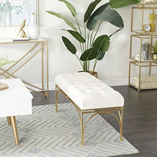 Deco 79 Metal Bench With Velvet Seat, 39" X 16" X 18", White 4 Deco 79 Metal Bench With Velvet Seat, 39" X 16" X 18", White - Image 2