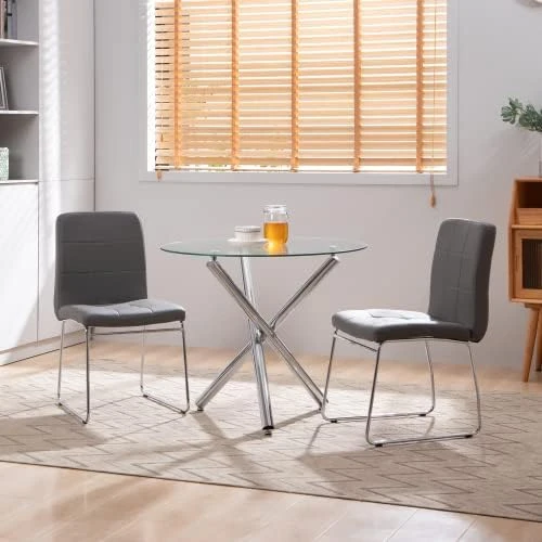 Bacyion Round Glass Dining Table Set For 2 - PU Leather Modern Dining Room Table Set For Small Spaces 3 Pieces Kitchen Tempered Glass Table And Chairs For Home Kitchen Living Room (Black) 10 Bacyion Round Glass Dining Table Set For 2 - PU Leather Modern Dining Room Table Set For Small Spaces 3 Pieces Kitchen Tempered Glass Table And Chairs For Home Kitchen Living Room (Black) - Image 8