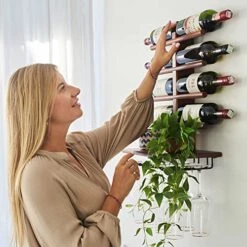 HELYA DESIGN Wine Rack Wall Mounted With Shelf For 8 Wine Bottles & Glasses - Wood Rustic Wine Glass Floating Rack With Stemware Hanger. Wine Decor And Storage Holder For Kitchen, Living Room & Bar -Amazon Store 51vbly1t7mL