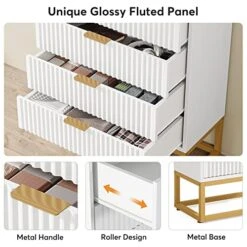 Tribesigns 4 Drawers Dresser, Modern Dressers For Bedroom, White Gold Dresser With Fluted Panel And Metal Frame, Wood Storage Chest Of Drawers For Kids Bedroom, Nursery, Closet(2PCS) -Amazon Store 51vevGj4dcL