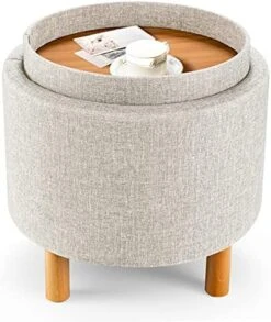 Giantex Round Storage Ottoman With Tray, Accent Storage Footstool W/ Soft Padding, Fabric Sitting Stool W/ Solid Wood Legs & Non-Slip Pads, Tray Top Coffee Table For Living Room, Bedroom (Grey) -Amazon Store 51vhI VmL. AC