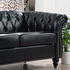 HomSof Rolled Arm Chesterfield 3 Seater Sofa, Mid Century Modern Couch For Small Spaces, Black PU|line 84‘’ -Amazon Store 51vhtki1iTL