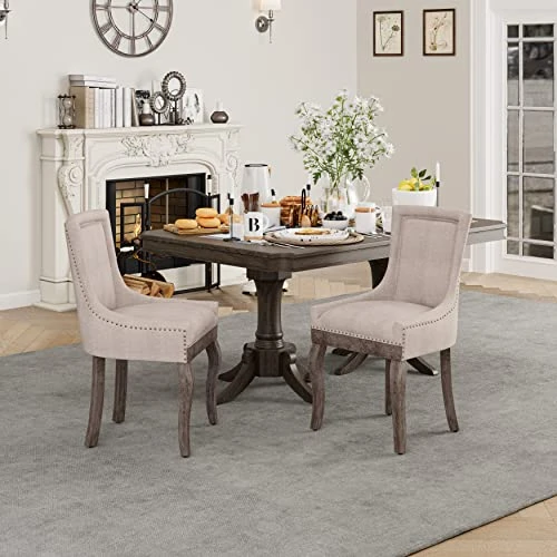Aoowow Fabric Upholstered Side Chairs Set Of 2, Solid Wood Kitchen Dining Room Chairs With Nailheads Solid Wood Legs (Fabric Beige) 4 Aoowow Fabric Upholstered Side Chairs Set Of 2, Solid Wood Kitchen Dining Room Chairs With Nailheads Solid Wood Legs (Fabric Beige) - Image 2