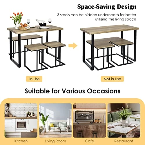 Giantex 4 Piece Dining Table Set, 47.5” Kitchen Table And Chairs For 4, Nesting Furniture Set W/Bench & 2 Stools, Space-Saving Table Set, Modern Functional Desk Set For Dining Room Restaurant, Oak 4 Giantex 4 Piece Dining Table Set, 47.5” Kitchen Table And Chairs For 4, Nesting Furniture Set W/Bench & 2 Stools, Space-Saving Table Set, Modern Functional Desk Set For Dining Room Restaurant, Oak - Image 2