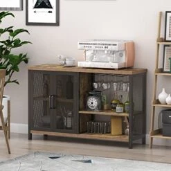 WiberWi Buffet Cabinet Coffee Bar Table Storage Cabinet, Farmhouse Buffet Station Sideboard With Liquor And Glasses Rack, Credenza Cupboard For Kitchen Dining Living Room, Rustic Brown -Amazon Store 51vybItqRKL