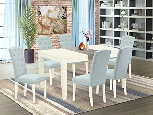 East West Furniture WECE5-WHI-15 5Pc Dining Set Includes A Rectangle Dinette Table With Butterfly Leaf And Four Parson Chairs With Baby Blue Fabric, Finish, Linen White 11 East West Furniture WECE5-WHI-15 5Pc Dining Set Includes A Rectangle Dinette Table With Butterfly Leaf And Four Parson Chairs With Baby Blue Fabric, Finish, Linen White - Image 9