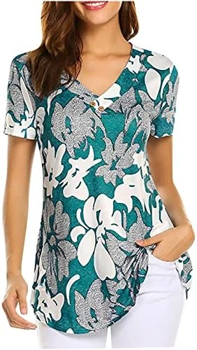 Going Out Tops For Women Floral Printed Hide Belly Tunic Blouses Casual V Neck Buttons Pullover Short Sleeve T-Shirts 7 Going Out Tops For Women Floral Printed Hide Belly Tunic Blouses Casual V Neck Buttons Pullover Short Sleeve T-Shirts - Image 5