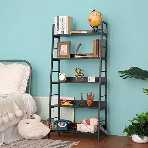 BATHWA Industrial 5-Tier Ladder Bookshelf Wood And Metal Bookcase Black Organizer Stand Rack Storage Ladder Shelves For Living Room Office Bathroom Kitchen, 59'' Height 4 BATHWA Industrial 5-Tier Ladder Bookshelf Wood And Metal Bookcase Black Organizer Stand Rack Storage Ladder Shelves For Living Room Office Bathroom Kitchen, 59'' Height - Image 2