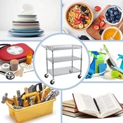 WDT Heavy Duty 3 Tier Rolling Utility Cart, Kitchen Cart On Wheels Metal Serving Cart Commercial Grade With Wire Shelving Liners And Handle Bar For Kitchen Office Hardware -Amazon Store 51wL1w1vPVL