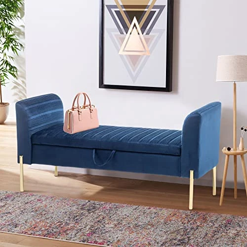 ALISH Storage Bench,Upholstered Storage Ottoman Bench,Modern Bed Bench Entryway Bench With Gold Legs For Bedroom Living Room Blue 4 ALISH Storage Bench,Upholstered Storage Ottoman Bench,Modern Bed Bench Entryway Bench With Gold Legs For Bedroom Living Room Blue - Image 2