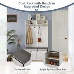 Betoko 71 Inch Entryway Bench With Sliding Barn Door, Hall Tree With Coat Rack & Storage Bench, Wood Coat Tree With Cushioned Stool & Hooks For Hallway, Living Room, Mudroom (White) (la7492) -Amazon Store 51wqAJJ9pQL