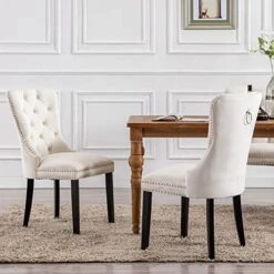 Chairus Dining Chairs Set Of 2 With Tufted High Back, Velvet Upholstered Dining Room Chairs Modern Elegant Nailhead Trim Ring Pull - Ivory 2PCS