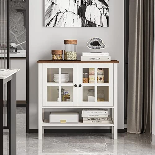 Spirich Home Sideboard Buffet Cabinet, Kitchen Storage Cabinet With 2 Glass Doors And Adjustable Shelf, Wood Cupboard Console Table For Dining Room White 6 Spirich Home Sideboard Buffet Cabinet, Kitchen Storage Cabinet With 2 Glass Doors And Adjustable Shelf, Wood Cupboard Console Table For Dining Room White - Image 4