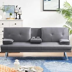 Recaceik Futon Sofa Bed Faux Leather Couch Convertible Folding Sleeper Sofa With Upholstered Removable Armrest Metal Leg And 2 Cupholders, Space Saving Furniture Couches For Living Room Apartment -Amazon Store 51xCYrFu2sL. AC