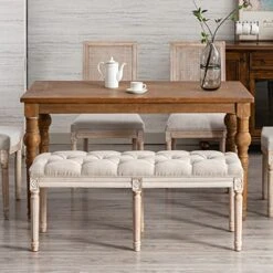 Chairus Fabric Upholstered Dining Bench - Classic Entryway Ottoman Bench Bedroom Bench With Rustic Wood Legs - Beige