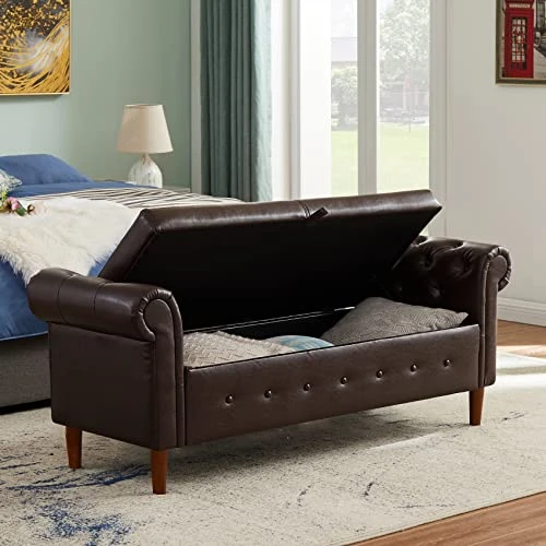 Aoowow Storage Bench For Bedroom End Of Bed Rolled Armed PU Leather Ottoman Couch Long Bench Window Sitting Fireplace Toy Storage Bench, Brown 4 Aoowow Storage Bench For Bedroom End Of Bed Rolled Armed PU Leather Ottoman Couch Long Bench Window Sitting Fireplace Toy Storage Bench, Brown - Image 2