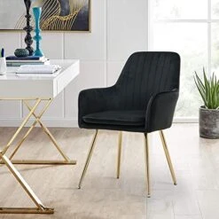 Altrobene Velvet Accent Chair, Home Office Desk Chair, Living Room Bedroom Arm Chair, Modern Dinging Chair, Girls Vanity Chair, Golden Finished, Black
