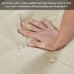 Betoko Linen Futon Sofa Couch 73.6" Fabric Upholstered Convertible Sofa Bed Minimalist Button Tufted Small 3 Seater Sleeper Futon Couch Set For Living Room Bedroom (Beige) -Amazon Store 51y7rp0LPUL
