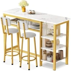 AWQM Small Dining Table Set For 2, Bar Set With 1 Square Table And 2 Upholstered Chairs With Back, Faux Marble Table Breakfast Table With Footrest For Home & Kitchen (White & Gold) 26 AWQM Small Dining Table Set For 2, Bar Set With 1 Square Table And 2 Upholstered Chairs With Back, Faux Marble Table Breakfast Table With Footrest For Home & Kitchen (White & Gold) -Amazon Store 51yEP6v jqL. AC
