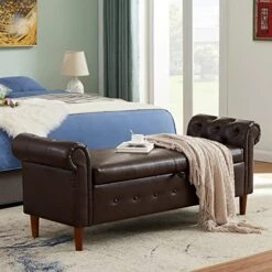 Aoowow Storage Bench For Bedroom End Of Bed Rolled Armed PU Leather Ottoman Couch Long Bench Window Sitting Fireplace Toy Storage Bench, Brown