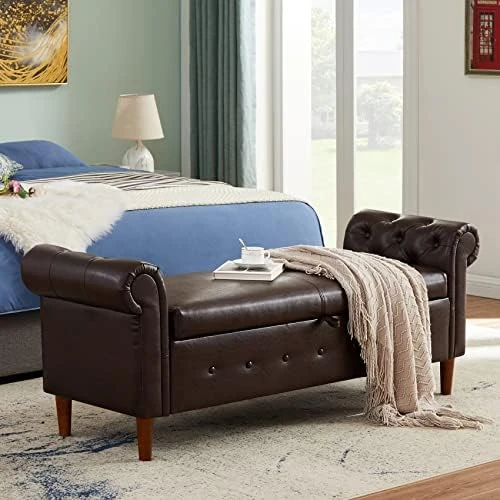 Aoowow Storage Bench For Bedroom End Of Bed Rolled Armed PU Leather Ottoman Couch Long Bench Window Sitting Fireplace Toy Storage Bench, Brown 11 Aoowow Storage Bench For Bedroom End Of Bed Rolled Armed PU Leather Ottoman Couch Long Bench Window Sitting Fireplace Toy Storage Bench, Brown - Image 9