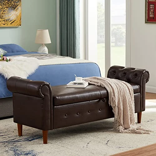 Aoowow Storage Bench For Bedroom End Of Bed Rolled Armed PU Leather Ottoman Couch Long Bench Window Sitting Fireplace Toy Storage Bench, Brown 3 Aoowow Storage Bench For Bedroom End Of Bed Rolled Armed PU Leather Ottoman Couch Long Bench Window Sitting Fireplace Toy Storage Bench, Brown