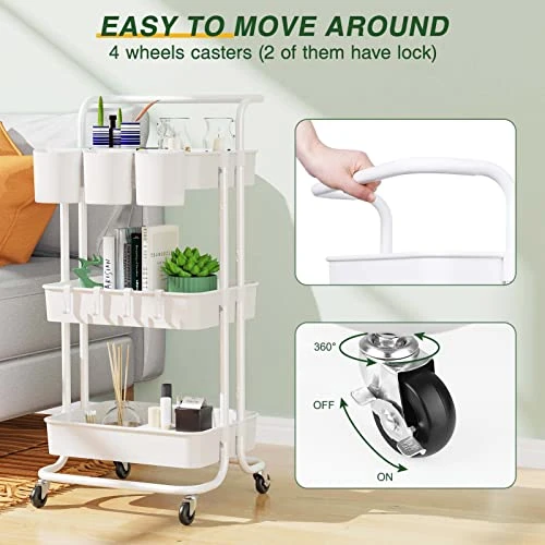 LEHOM 3-Tier Rolling Utility Cart With Hanging Cups & Hooks & Handle, Multifunctional Art Cart Organizer Storage With Wheels, Easy Assembly For Office, Bedroom, Kitchen, Bathroom, Laundry (White) 6 LEHOM 3-Tier Rolling Utility Cart With Hanging Cups & Hooks & Handle, Multifunctional Art Cart Organizer Storage With Wheels, Easy Assembly For Office, Bedroom, Kitchen, Bathroom, Laundry (White) - Image 4