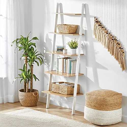 MDesign 5-Tier Leaning Ladder Bookshelf - Rustic Ladder-Style Shelf Bookcase - Decorative Slanted Storage Rack W/Composite Wood Shelves For Bathroom, Living Room - Ladder Shelves - White/Modern Oak 4 MDesign 5-Tier Leaning Ladder Bookshelf - Rustic Ladder-Style Shelf Bookcase - Decorative Slanted Storage Rack W/Composite Wood Shelves For Bathroom, Living Room - Ladder Shelves - White/Modern Oak - Image 2