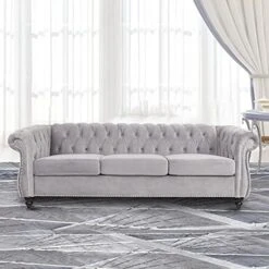 NOSGA Modern Velvet Fabric L Shaped 3-Seat Sectional Sofa Couch, Furniture Sectional Chesterfield Couch Set, Upholstered Scroll Arm Chesterfield Sofa With Chaise For Living Room(Light Grey) -Amazon Store 51yKGaWOfcL. AC 1