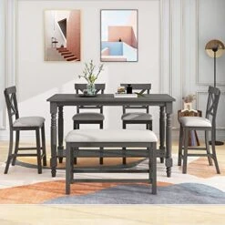FRANSOUL 6-Piece Counter Height Set Functional Table With Bottom Shelf 4 Chairs And A Bench For Dining Room,for 4-6 People, Foam Material,Gray -Amazon Store 51yMoPrQdKL
