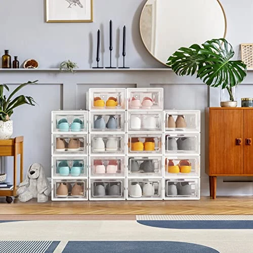 Clear Shoe Boxes Stackable,18 Pack Shoe Case Fit Up To US Size 10,Small/White 4 Clear Shoe Boxes Stackable,18 Pack Shoe Case Fit Up To US Size 10,Small/White - Image 2