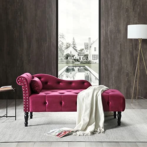 KIVENJAJA Velvet Chaise Lounge Indoor, 60” Tufted Upholstered Lounge Chair With Pillow & Rolled Arm Nailhead Trim For Bedroom Living Room Office, Burgundy 4 KIVENJAJA Velvet Chaise Lounge Indoor, 60” Tufted Upholstered Lounge Chair With Pillow & Rolled Arm Nailhead Trim For Bedroom Living Room Office, Burgundy - Image 2