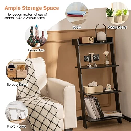 Giantex 4-Tier Wooden Ladder Shelf - Wall Leaning Storage Shelves With Anti-toppling Device, Anti-Falling Baffles, Ladder Bookshelf Organizer For Living Room, Bedroom, Small Place, Black 8 Giantex 4-Tier Wooden Ladder Shelf - Wall Leaning Storage Shelves With Anti-toppling Device, Anti-Falling Baffles, Ladder Bookshelf Organizer For Living Room, Bedroom, Small Place, Black - Image 6